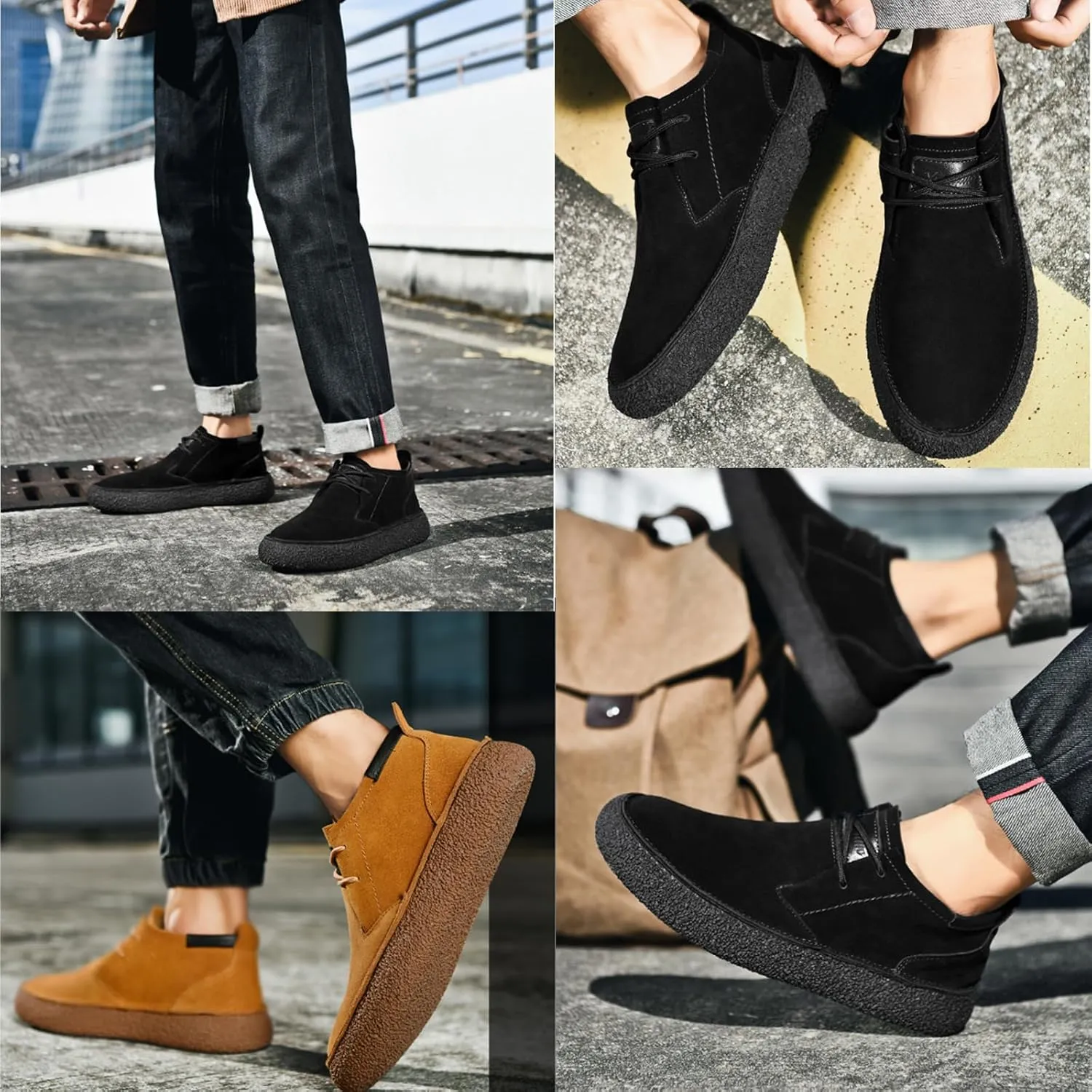Mens Ankle Desert Chukka Boots Lace Up Suede Leather Shoes Round Toe Platform Deck Boots