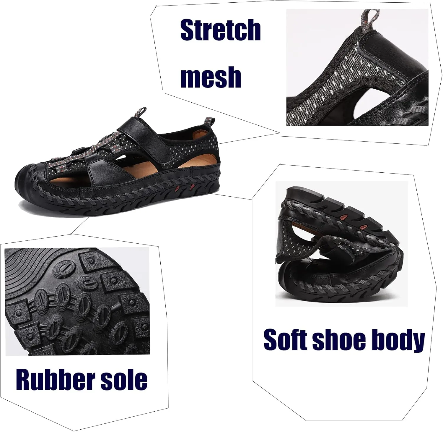 Men's Closed Toe Casual Sandals, Large Size Handmade Hiking Sandals, Real Leather Fashion Backpacking Beach Shoes