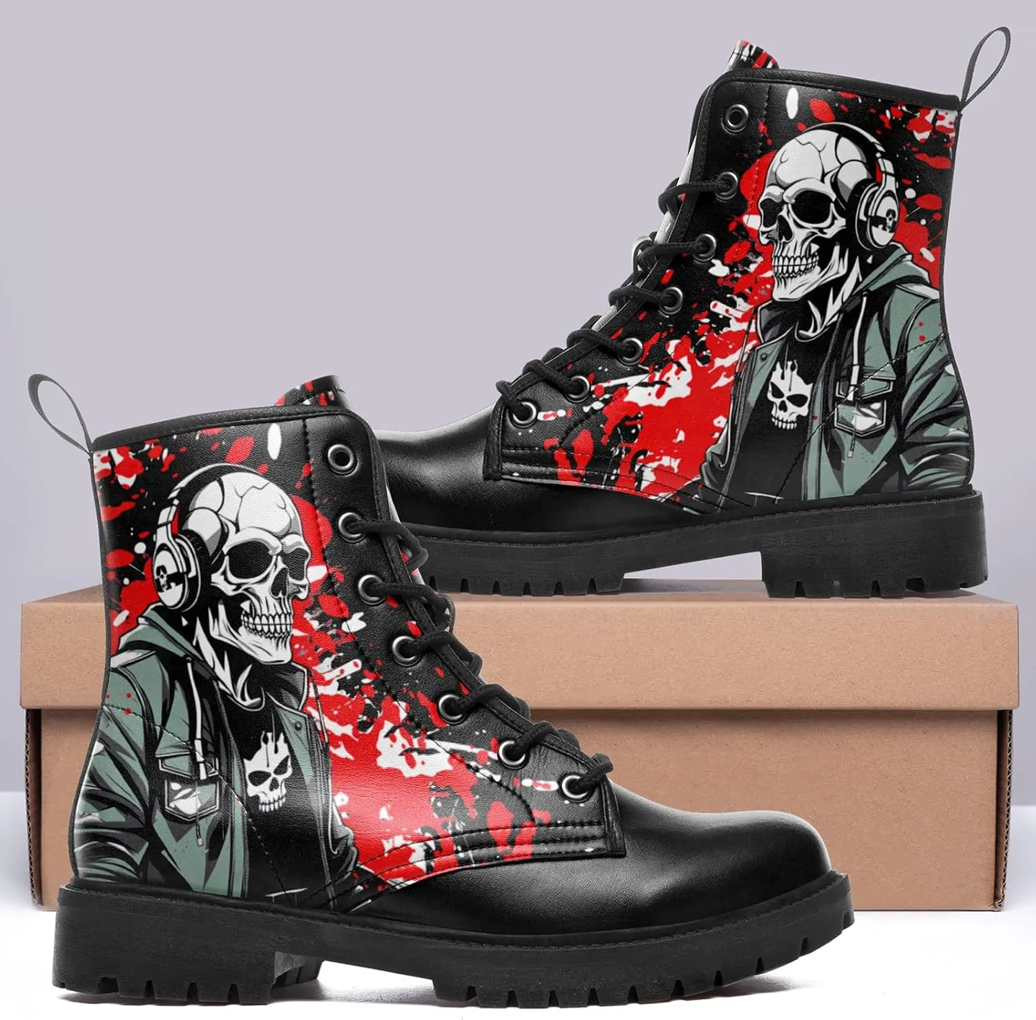 Men's Combat Ankle Boots Skull Rock Lace-Up Motorcycle Booties Goth Water Resistant Leather Work Boot for Women