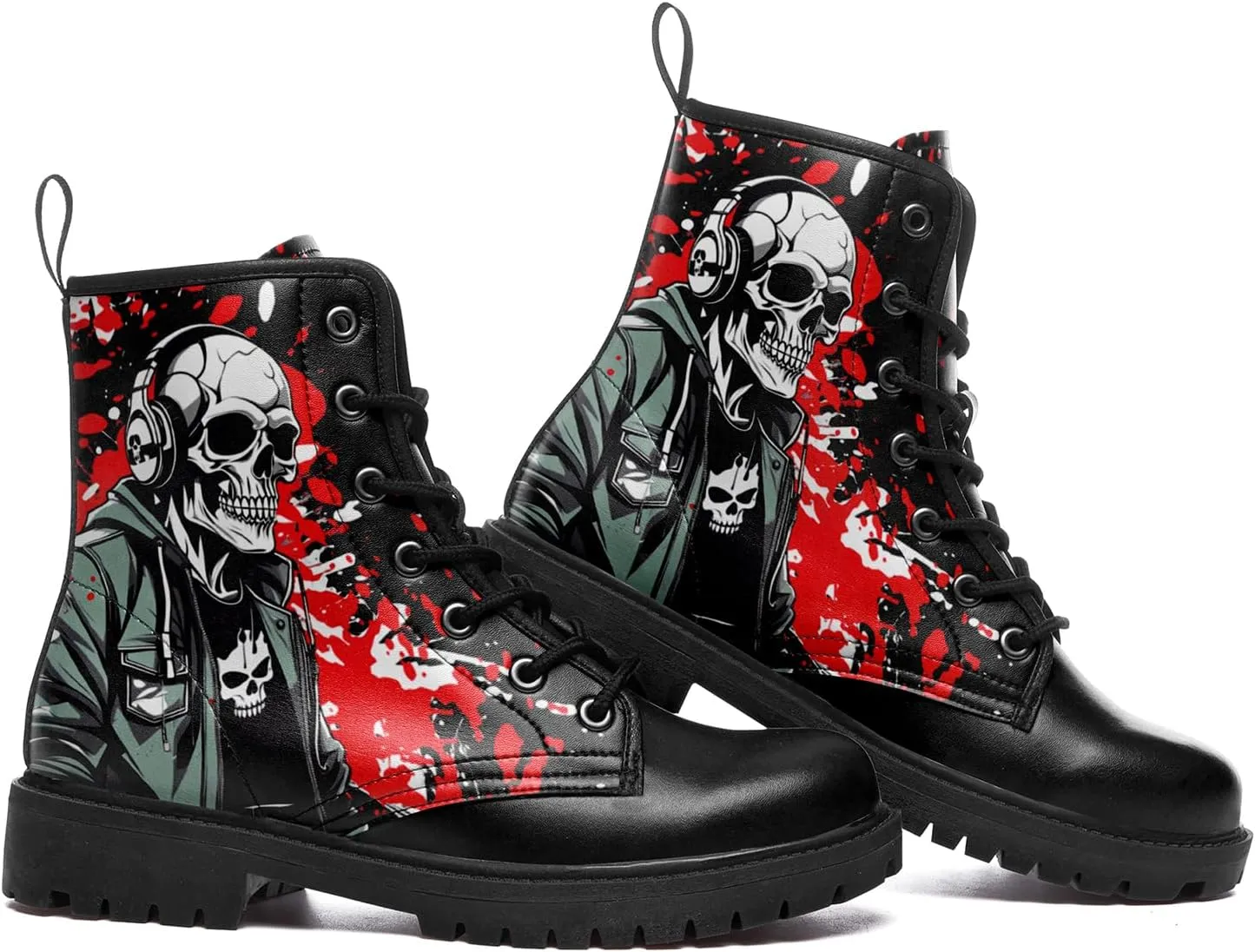 Men's Combat Ankle Boots Skull Rock Lace-Up Motorcycle Booties Goth Water Resistant Leather Work Boot for Women