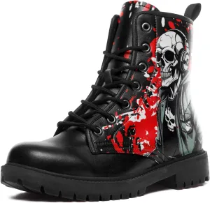Men's Combat Ankle Boots Skull Rock Lace-Up Motorcycle Booties Goth Water Resistant Leather Work Boot for Women