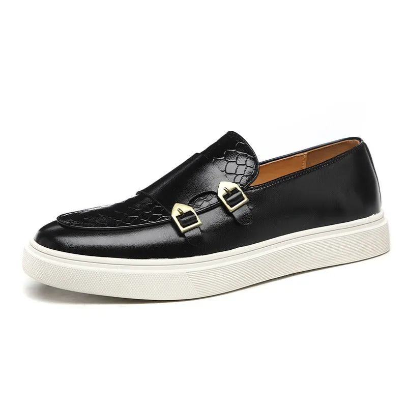 Men's Faux Leather Loafer Buckle Detail Contrast Sole Slip On Shoes
