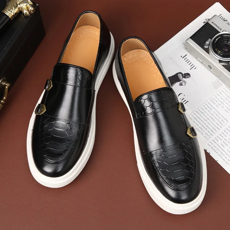 Men's Faux Leather Loafer Buckle Detail Contrast Sole Slip On Shoes