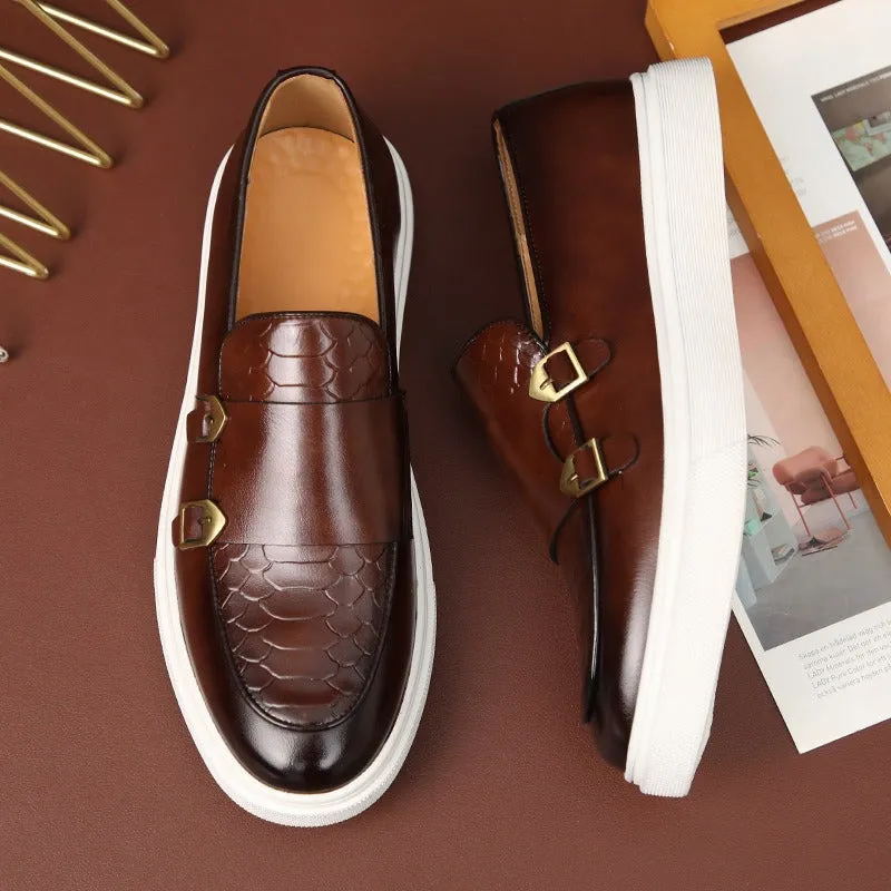 Men's Faux Leather Loafer Buckle Detail Contrast Sole Slip On Shoes