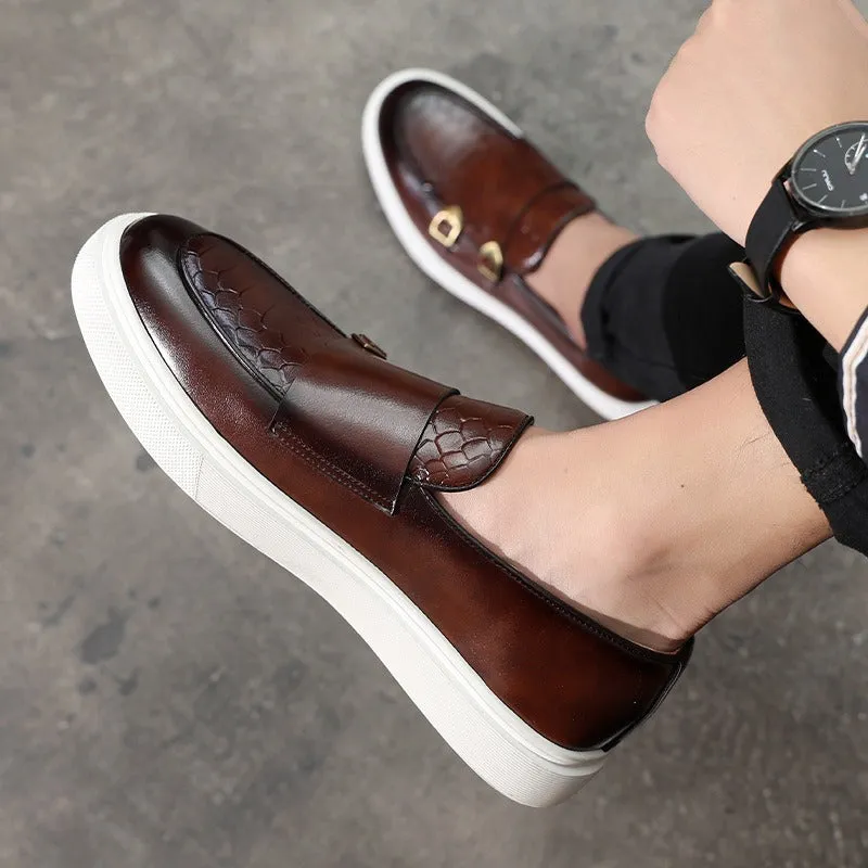 Men's Faux Leather Loafer Buckle Detail Contrast Sole Slip On Shoes