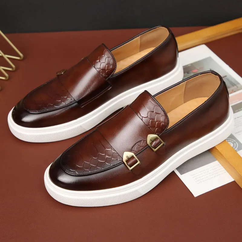 Men's Faux Leather Loafer Buckle Detail Contrast Sole Slip On Shoes