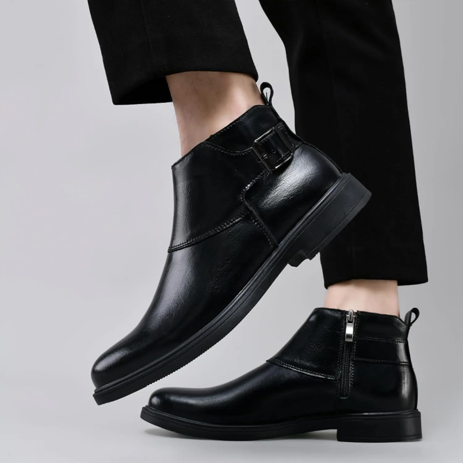 Men's Genuine Leather Buckle Dress Chelsea Boots with Side Zipper Fashion Pointed Toe Waterproof Non-Slip Casual Business Formal Booties
