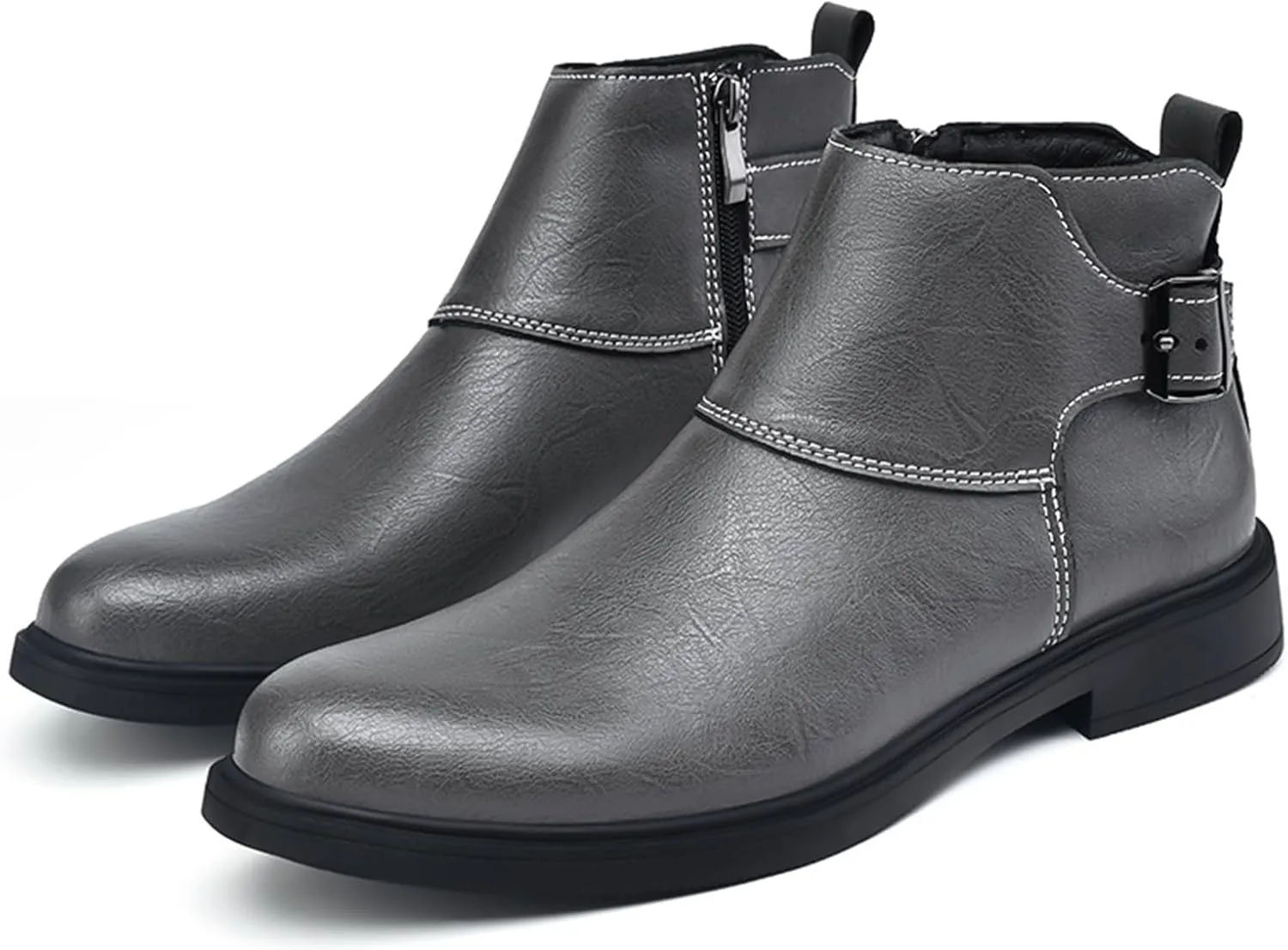Men's Genuine Leather Buckle Dress Chelsea Boots with Side Zipper Fashion Pointed Toe Waterproof Non-Slip Casual Business Formal Booties