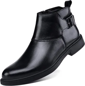 Men's Genuine Leather Buckle Dress Chelsea Boots with Side Zipper Fashion Pointed Toe Waterproof Non-Slip Casual Business Formal Booties