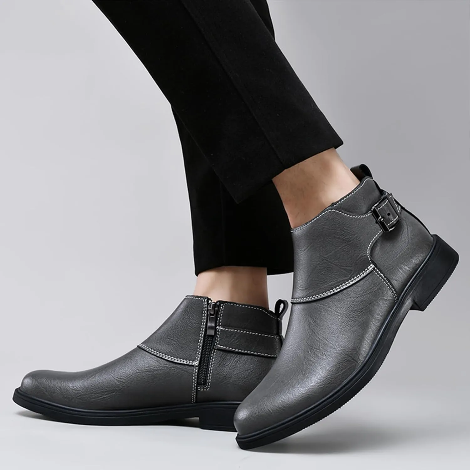 Men's Genuine Leather Buckle Dress Chelsea Boots with Side Zipper Fashion Pointed Toe Waterproof Non-Slip Casual Business Formal Booties