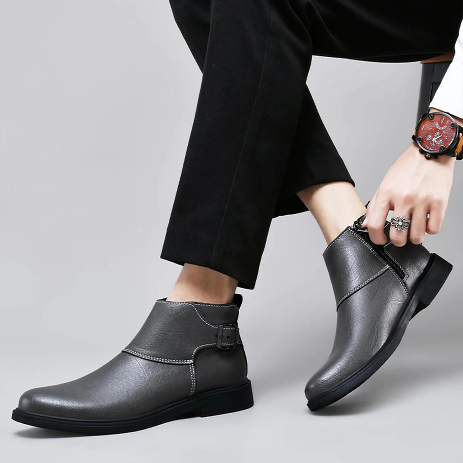 Men's Genuine Leather Buckle Dress Chelsea Boots with Side Zipper Fashion Pointed Toe Waterproof Non-Slip Casual Business Formal Booties