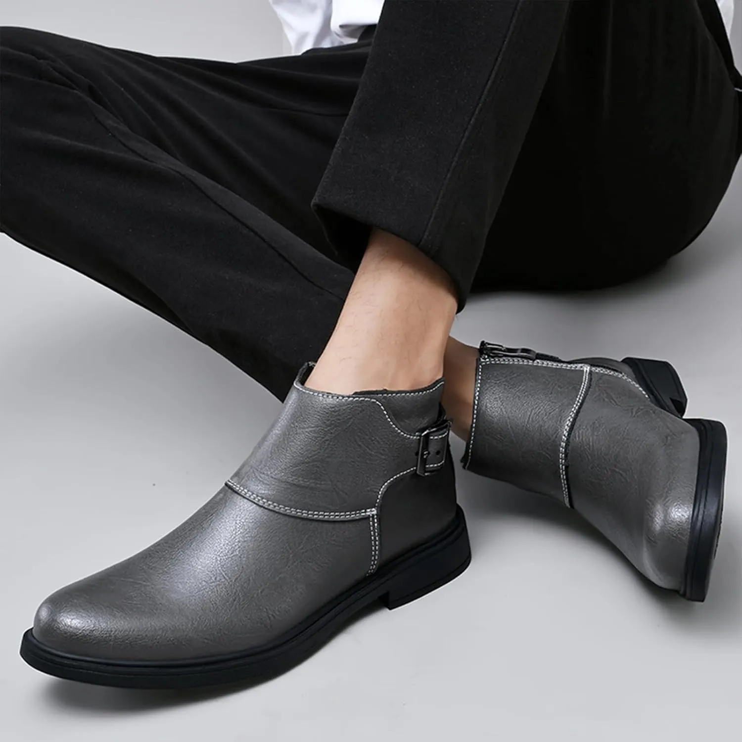 Men's Genuine Leather Buckle Dress Chelsea Boots with Side Zipper Fashion Pointed Toe Waterproof Non-Slip Casual Business Formal Booties