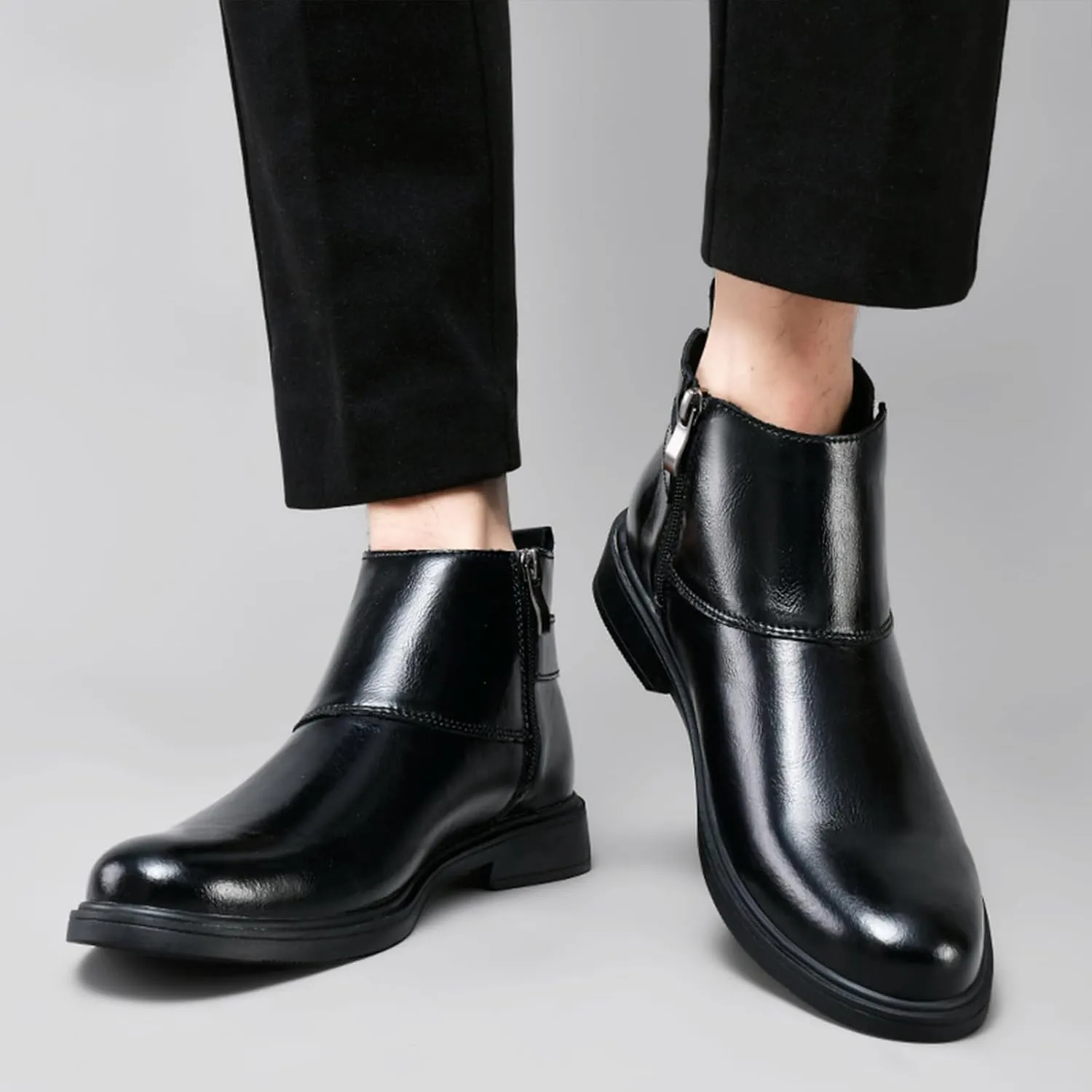 Men's Genuine Leather Buckle Dress Chelsea Boots with Side Zipper Fashion Pointed Toe Waterproof Non-Slip Casual Business Formal Booties