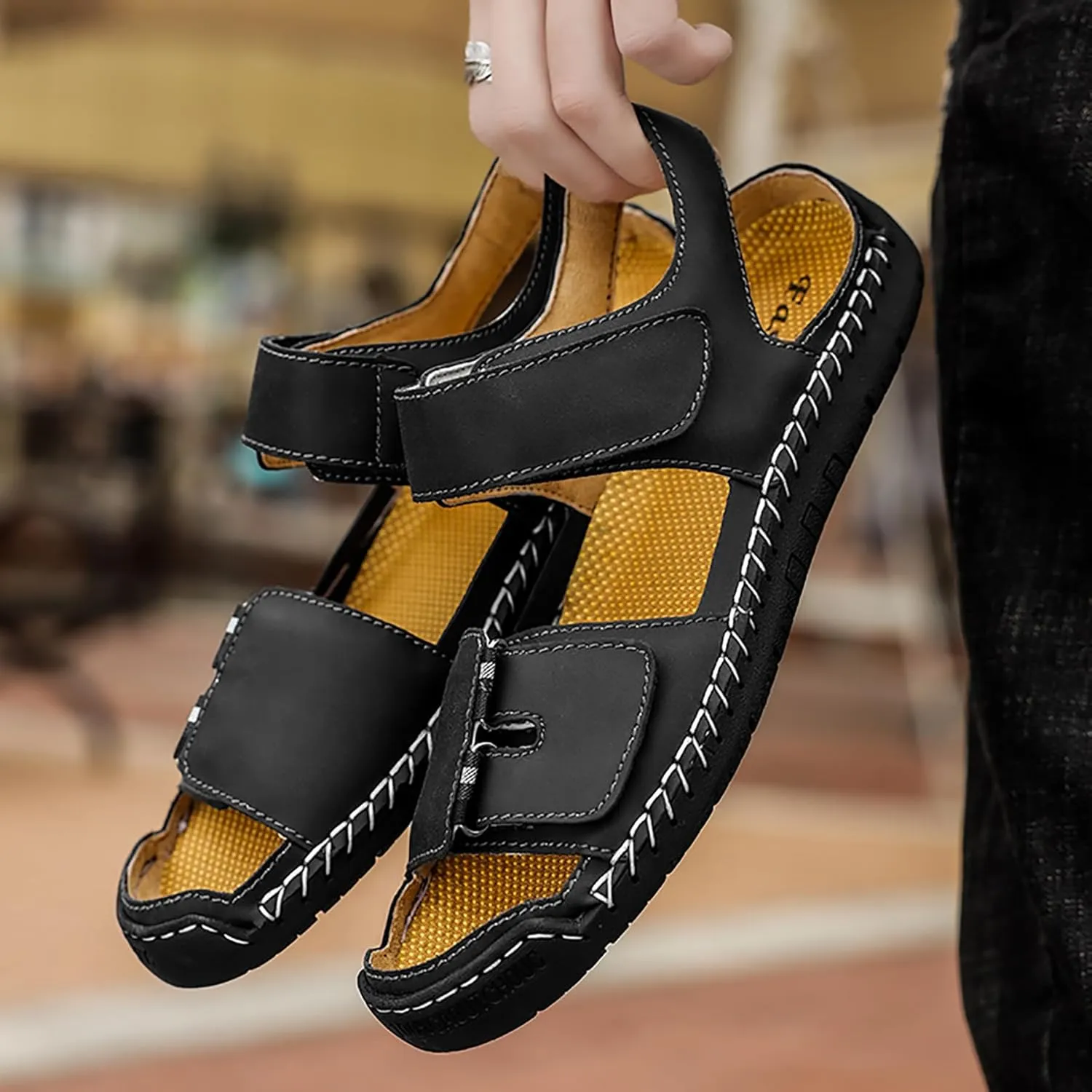 Mens Leather Sandals Hollow Closed Toe Summer Outdoor Casual Beach Shoes