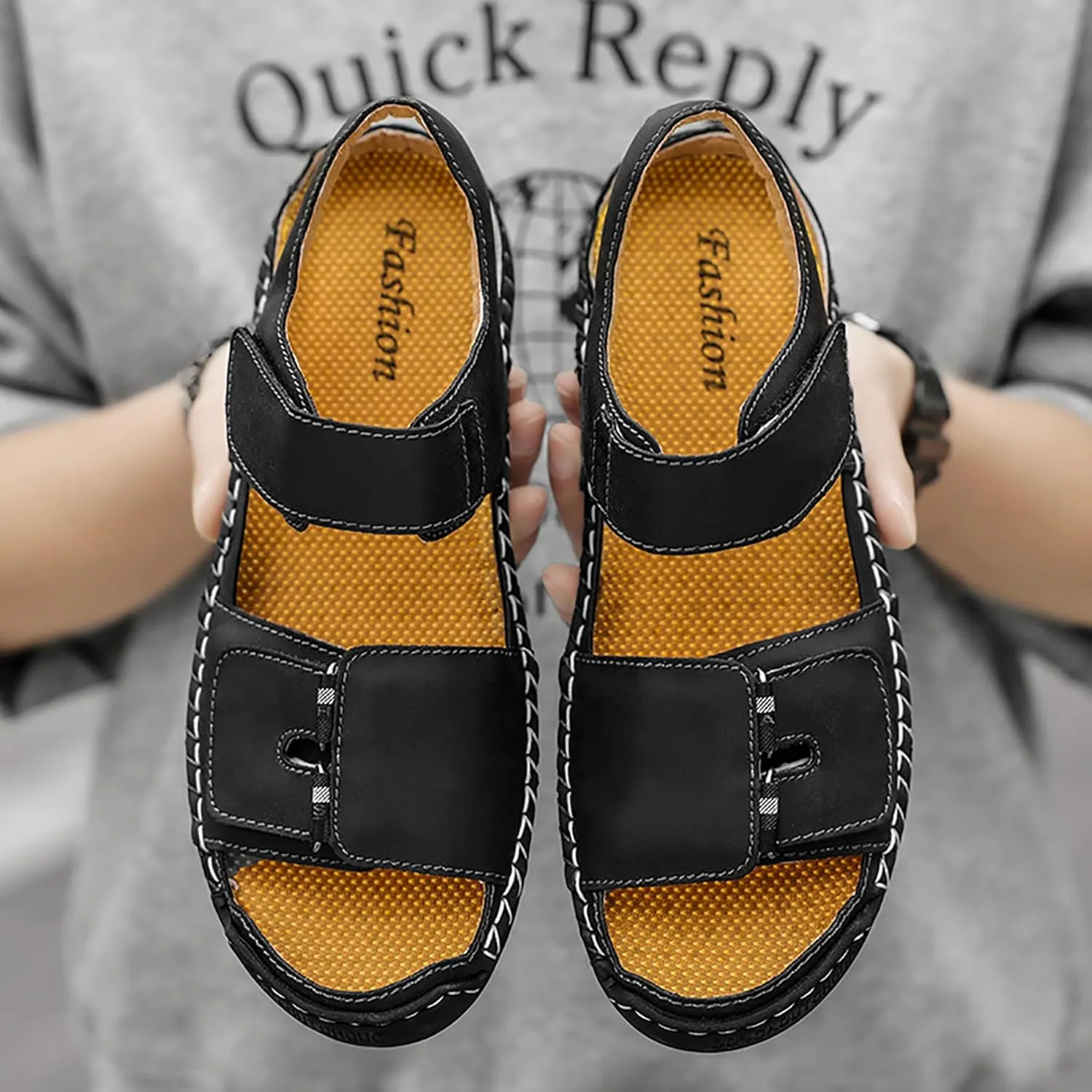 Mens Leather Sandals Hollow Closed Toe Summer Outdoor Casual Beach Shoes