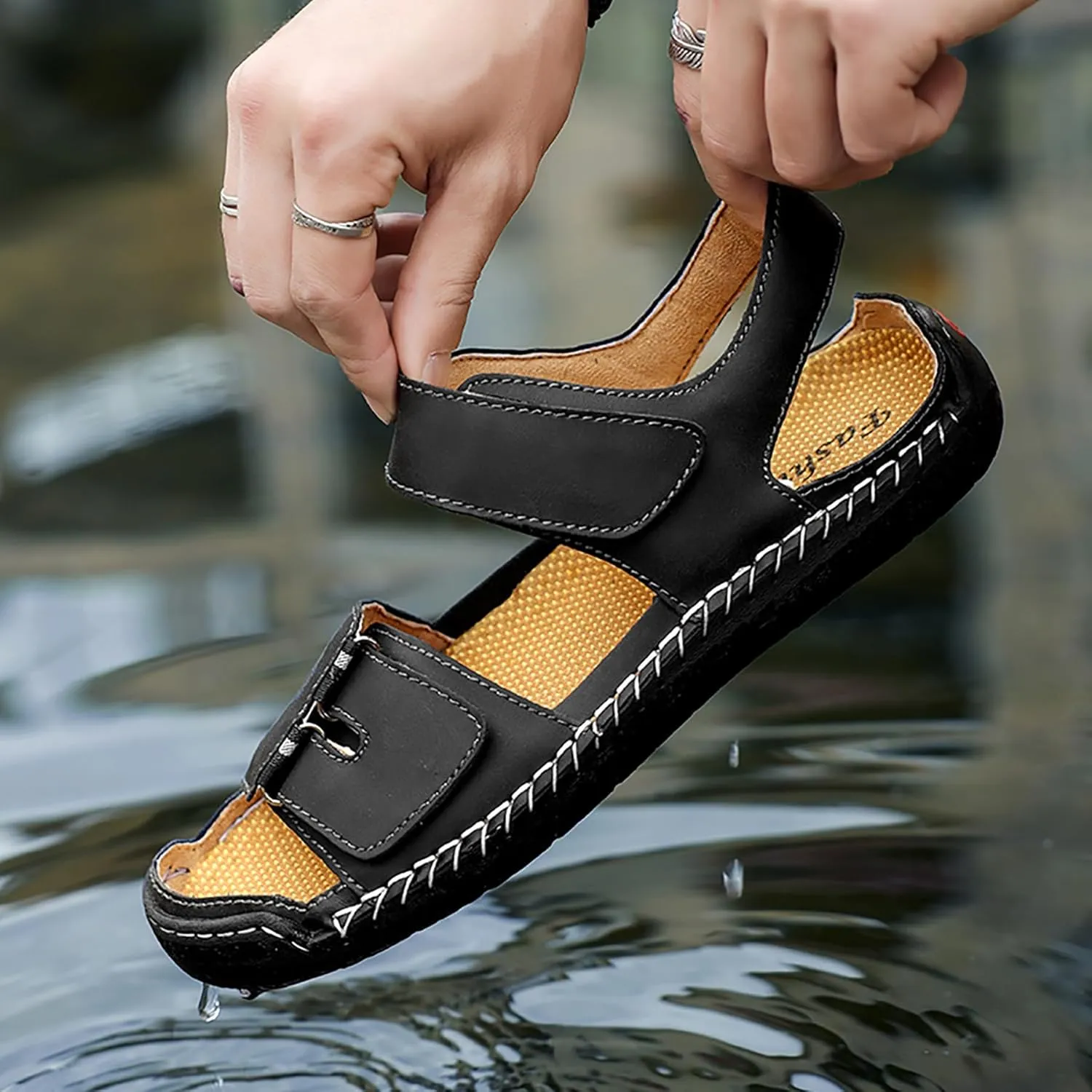 Mens Leather Sandals Hollow Closed Toe Summer Outdoor Casual Beach Shoes