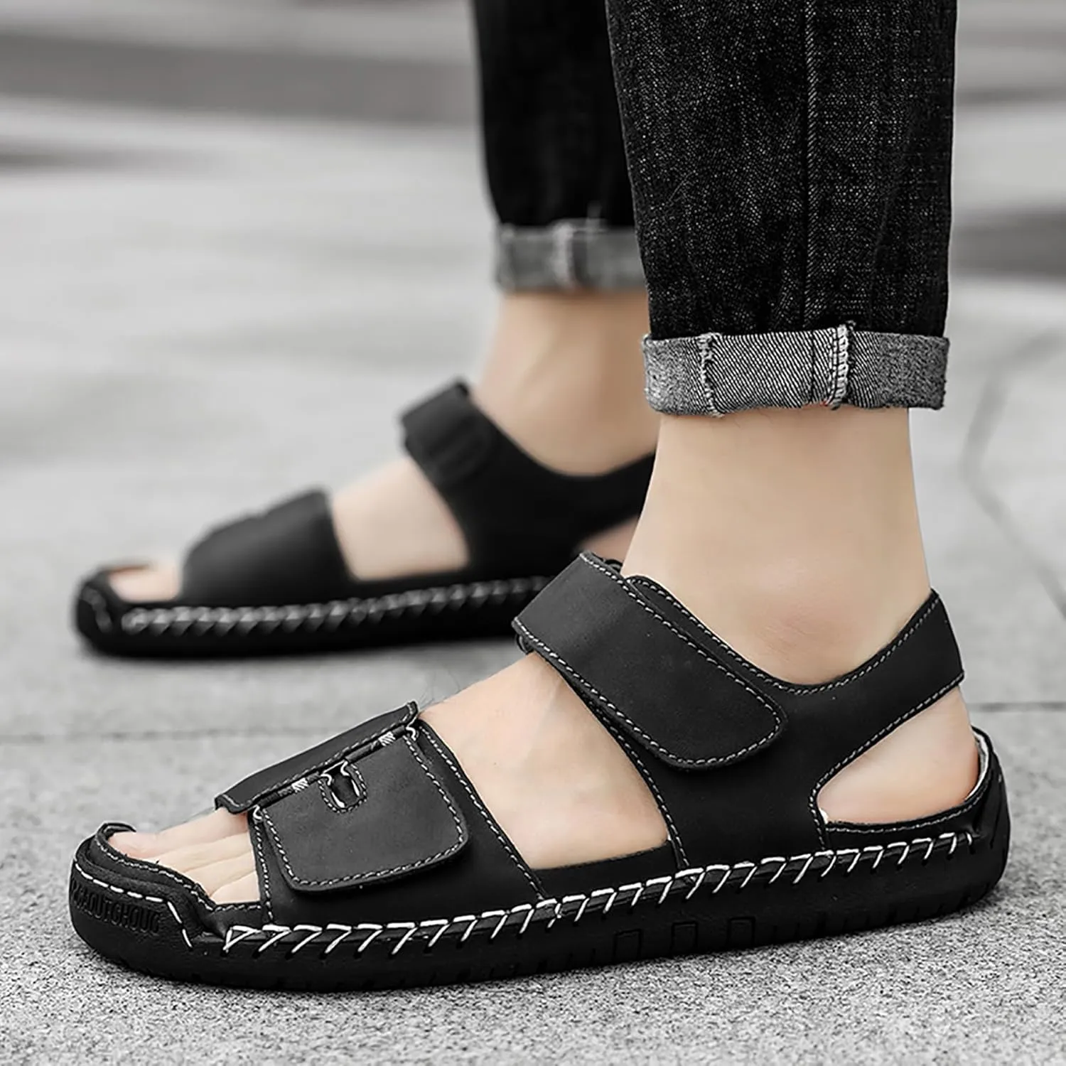 Mens Leather Sandals Hollow Closed Toe Summer Outdoor Casual Beach Shoes