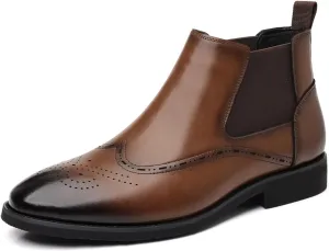 Men's Leather Wingtip Dress Chelsea Boots Casual Pointed Toe Warm Fur Lined Brogue Ankle Boots Fall Winter Business Non Slip Formal Chelsea Boots