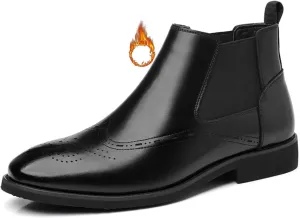 Men's Leather Wingtip Dress Chelsea Boots Casual Pointed Toe Warm Fur Lined Brogue Ankle Boots Fall Winter Business Non Slip Formal Chelsea Boots