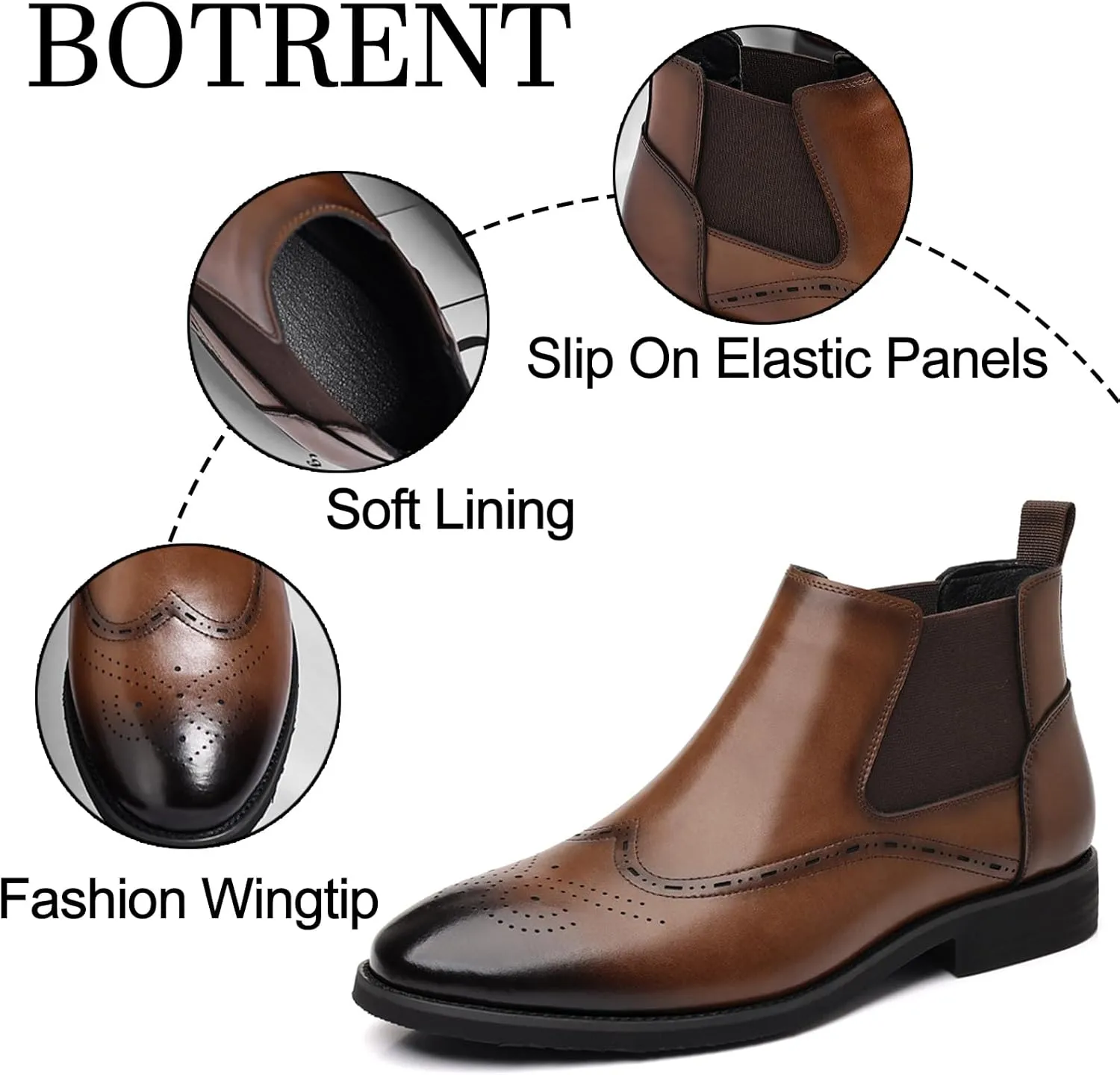 Men's Leather Wingtip Dress Chelsea Boots Casual Pointed Toe Warm Fur Lined Brogue Ankle Boots Fall Winter Business Non Slip Formal Chelsea Boots