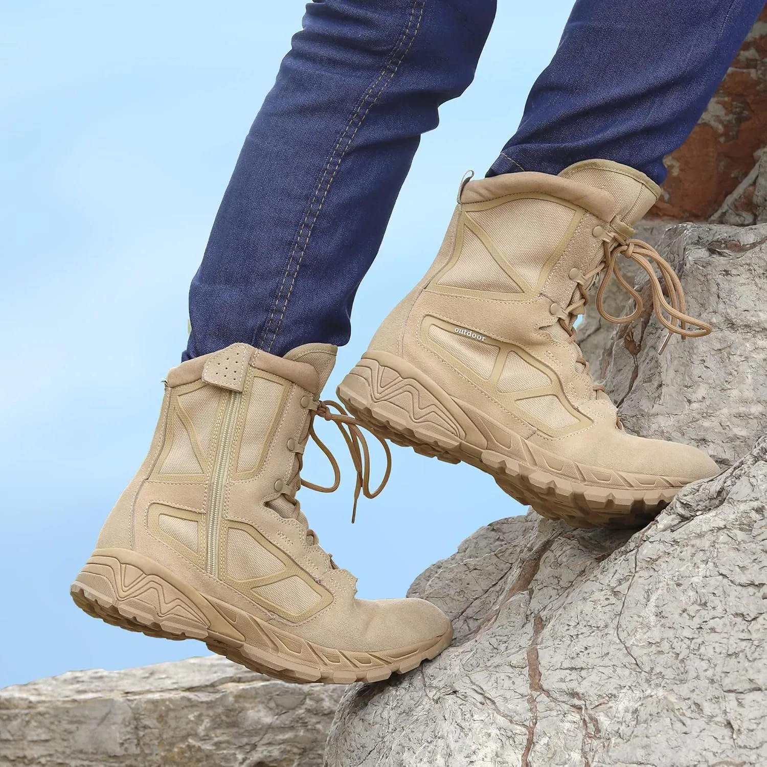 Men's Military Tactical Work Boots Lightweight Side Zipper Army Combat Hiking Boots