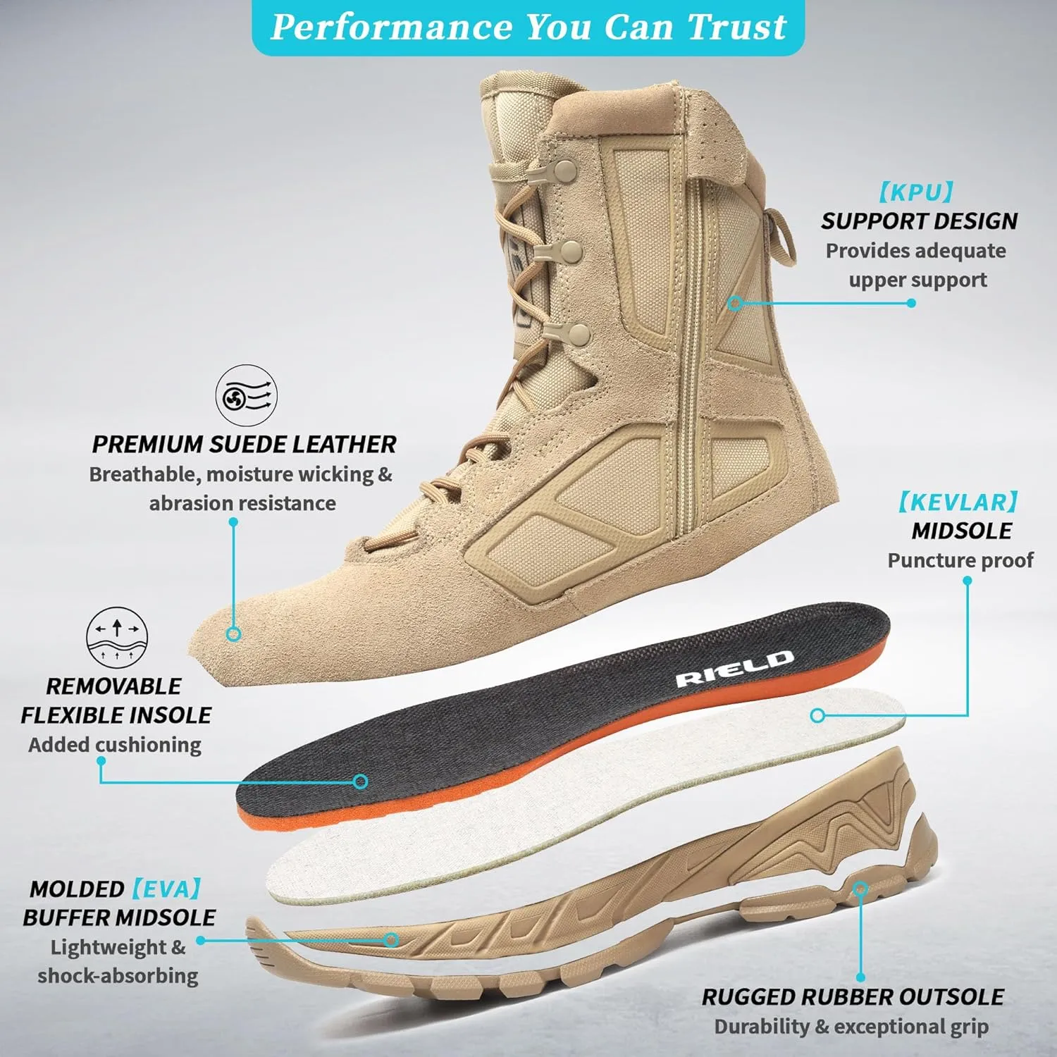 Men's Military Tactical Work Boots Lightweight Side Zipper Army Combat Hiking Boots