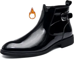 Men's Patent Leather Low Heel Dress Chelsea Boots with Side Zipper Pointed Toe Warm Fur Lined Non Slip Casual Booties Fashion Buckle Work Business Prom Ankle Boots