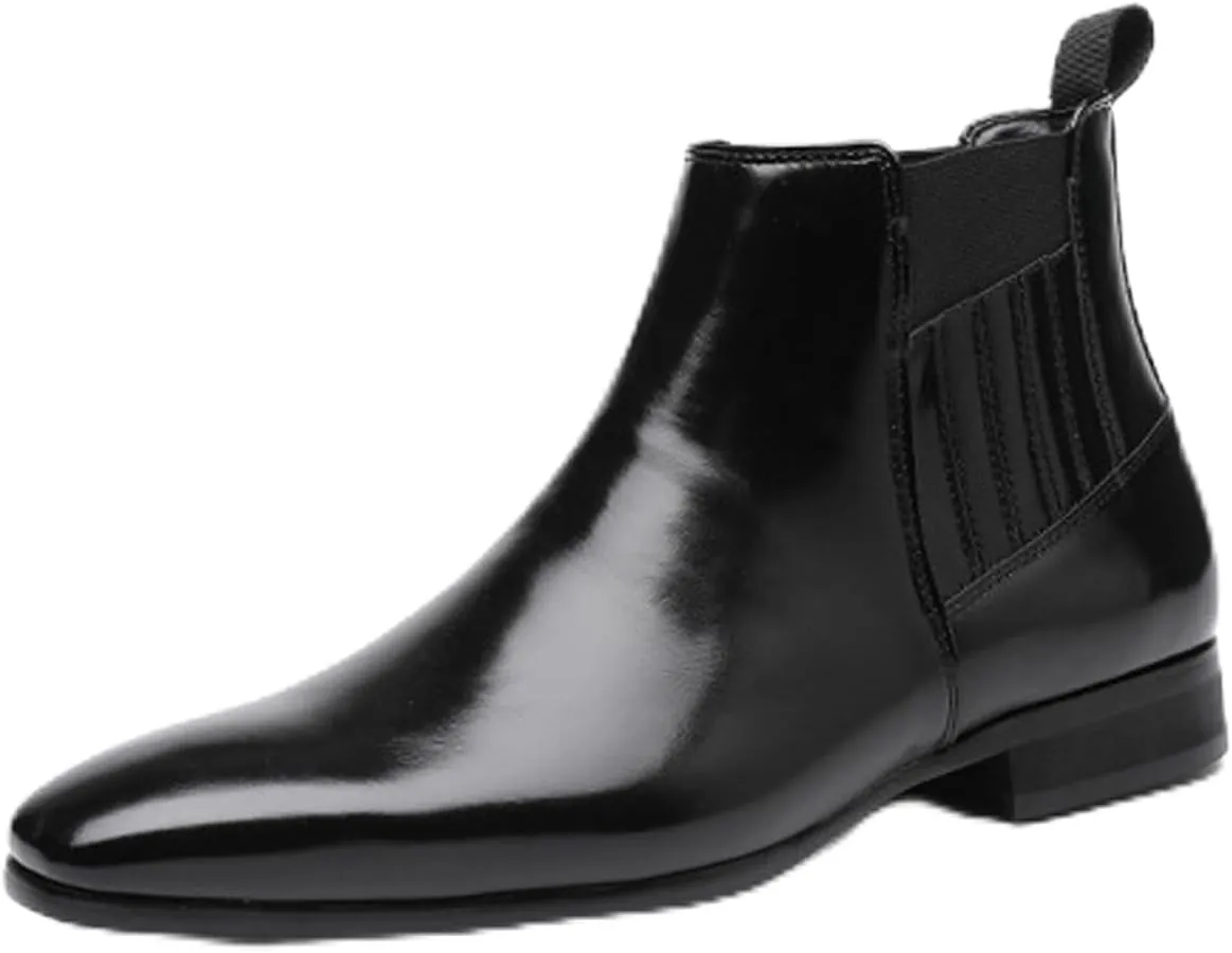 Men's Patent Leather Low Heel Mid Top Dress Chelsea Boots Classic Retro Pointed Toe Business Work Elastic Slip-on Boots Casual Comfortable Oxfords Ankle Boots