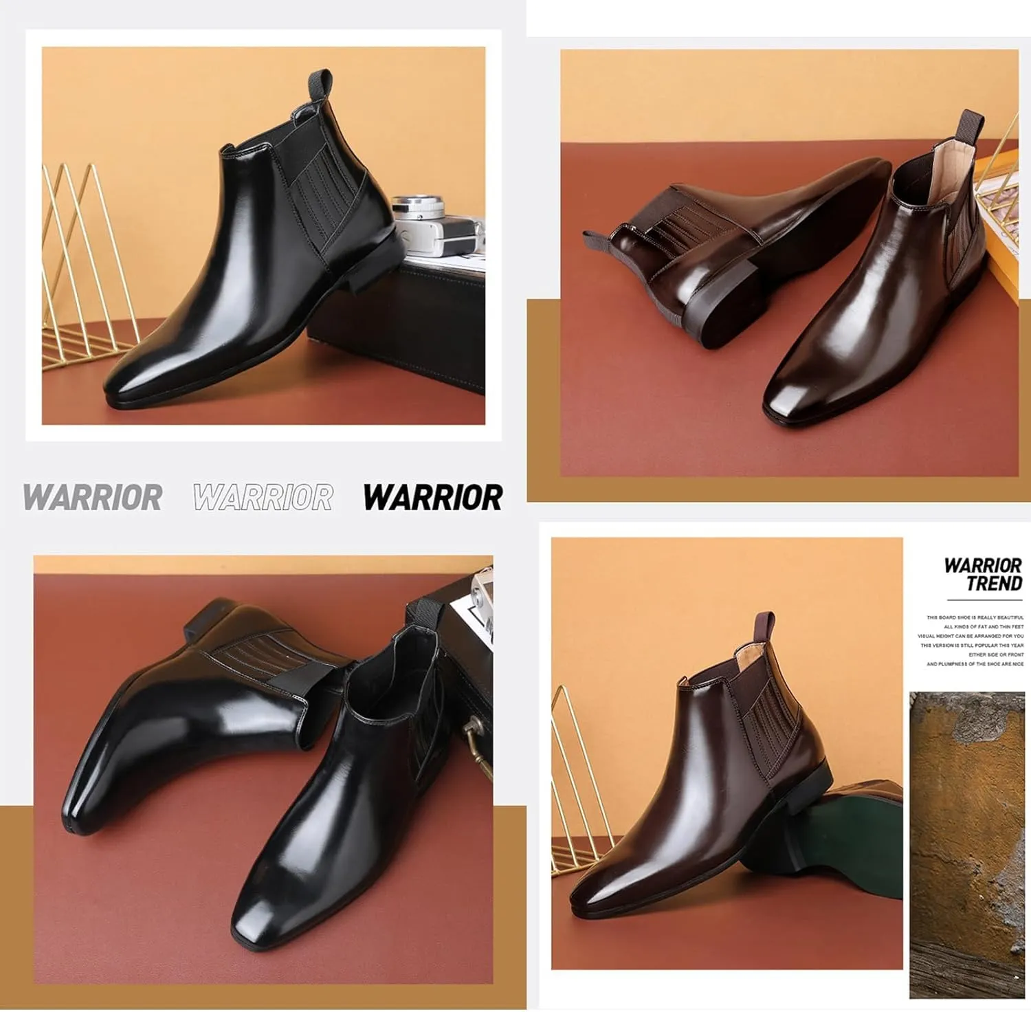 Men's Patent Leather Low Heel Mid Top Dress Chelsea Boots Classic Retro Pointed Toe Business Work Elastic Slip-on Boots Casual Comfortable Oxfords Ankle Boots