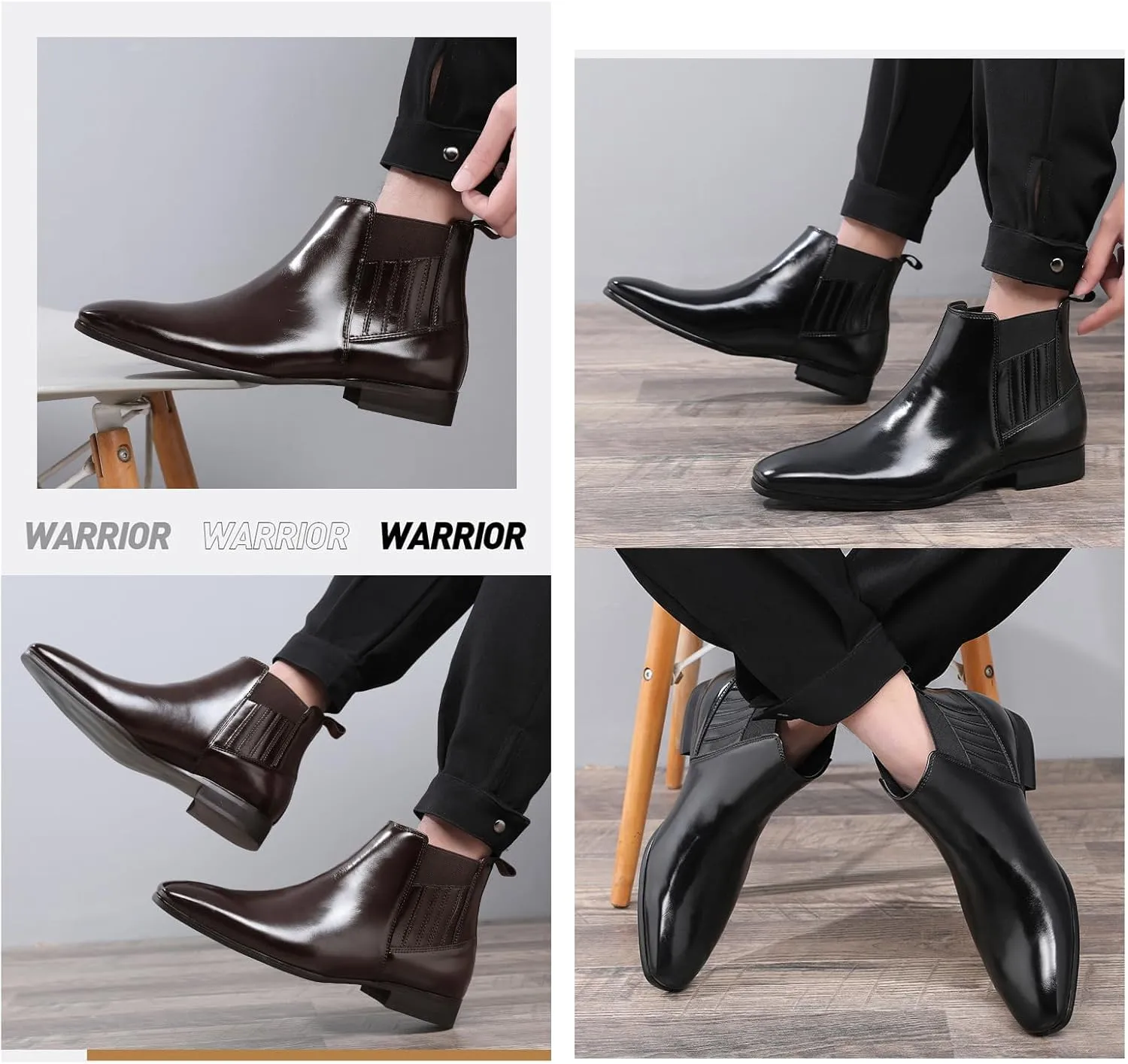 Men's Patent Leather Low Heel Mid Top Dress Chelsea Boots Classic Retro Pointed Toe Business Work Elastic Slip-on Boots Casual Comfortable Oxfords Ankle Boots