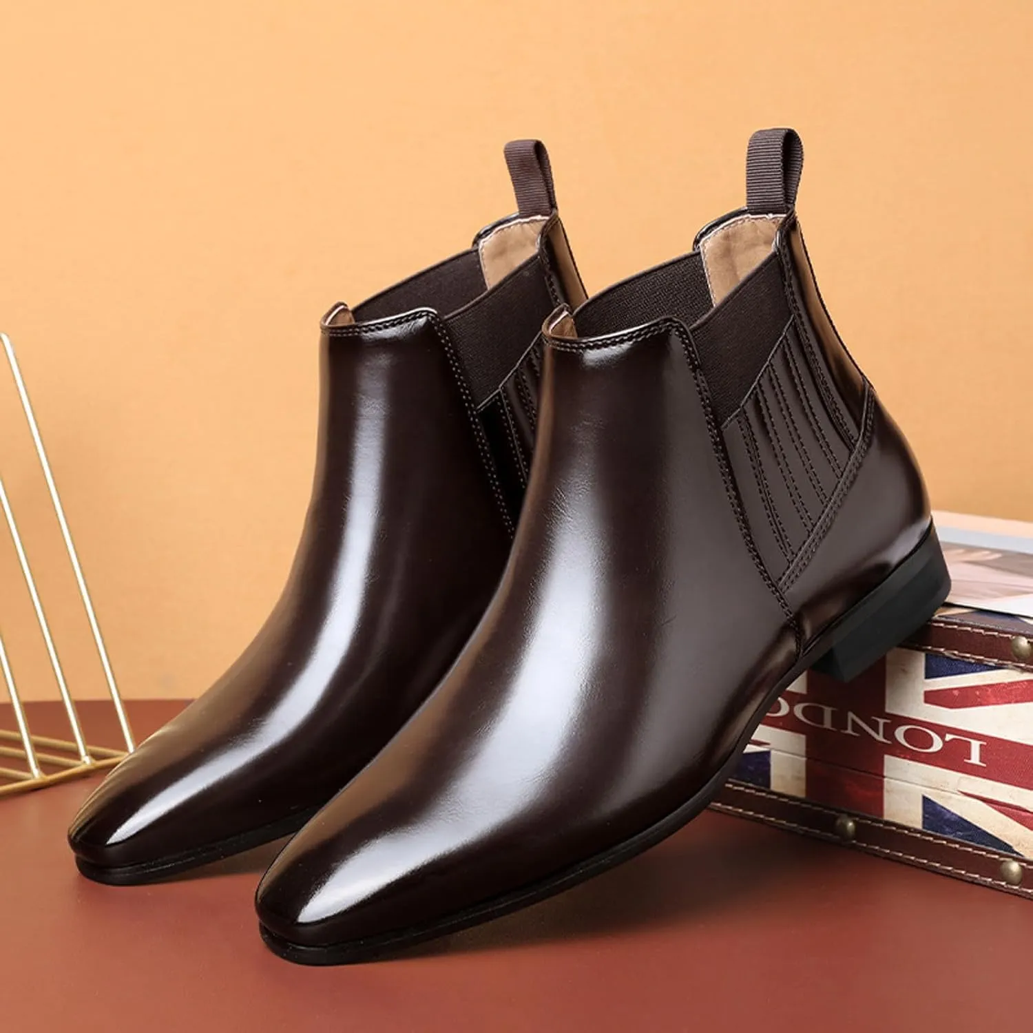 Men's Patent Leather Low Heel Mid Top Dress Chelsea Boots Classic Retro Pointed Toe Business Work Elastic Slip-on Boots Casual Comfortable Oxfords Ankle Boots