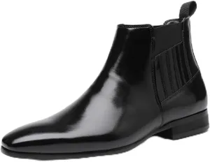 Men's Patent Leather Low Heel Mid Top Dress Chelsea Boots Classic Retro Pointed Toe Business Work Elastic Slip-on Boots Casual Comfortable Oxfords Ankle Boots