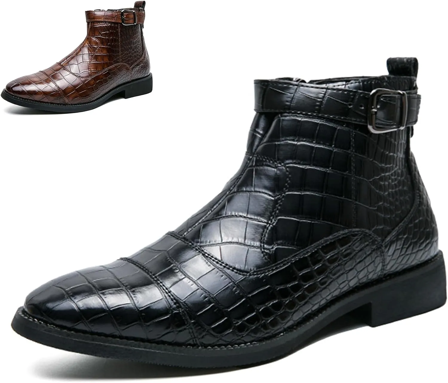 Men's Pattern Leather High Top Chelsea Boots with Buckle Strap Fashion British Style Pointed Toe Side Zipper Ankle Boots Casual Business Dress Oxford Booties