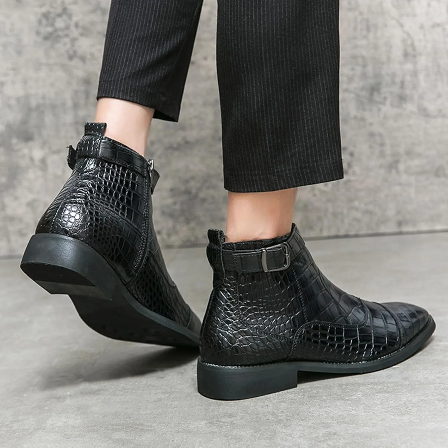 Men's Pattern Leather High Top Chelsea Boots with Buckle Strap Fashion British Style Pointed Toe Side Zipper Ankle Boots Casual Business Dress Oxford Booties