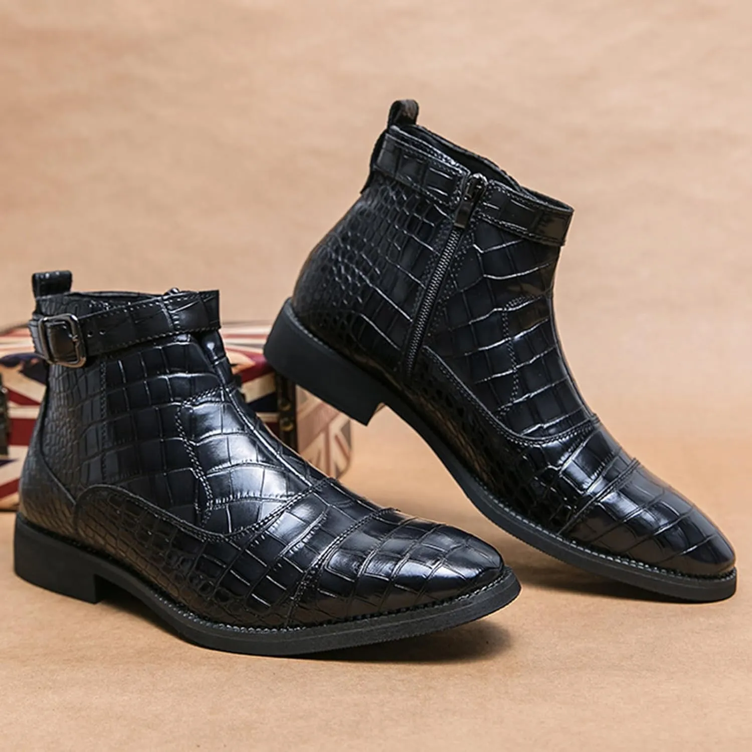 Men's Pattern Leather High Top Chelsea Boots with Buckle Strap Fashion British Style Pointed Toe Side Zipper Ankle Boots Casual Business Dress Oxford Booties