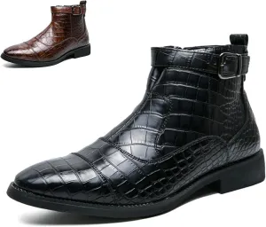 Men's Pattern Leather High Top Chelsea Boots with Buckle Strap Fashion British Style Pointed Toe Side Zipper Ankle Boots Casual Business Dress Oxford Booties