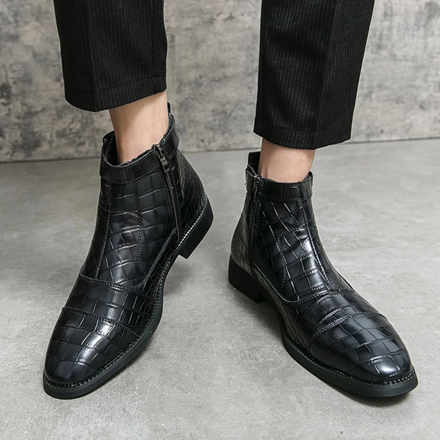 Men's Pattern Leather High Top Chelsea Boots with Buckle Strap Fashion British Style Pointed Toe Side Zipper Ankle Boots Casual Business Dress Oxford Booties