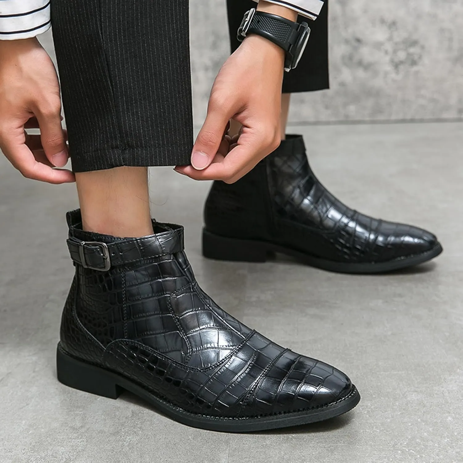 Men's Pattern Leather High Top Chelsea Boots with Buckle Strap Fashion British Style Pointed Toe Side Zipper Ankle Boots Casual Business Dress Oxford Booties