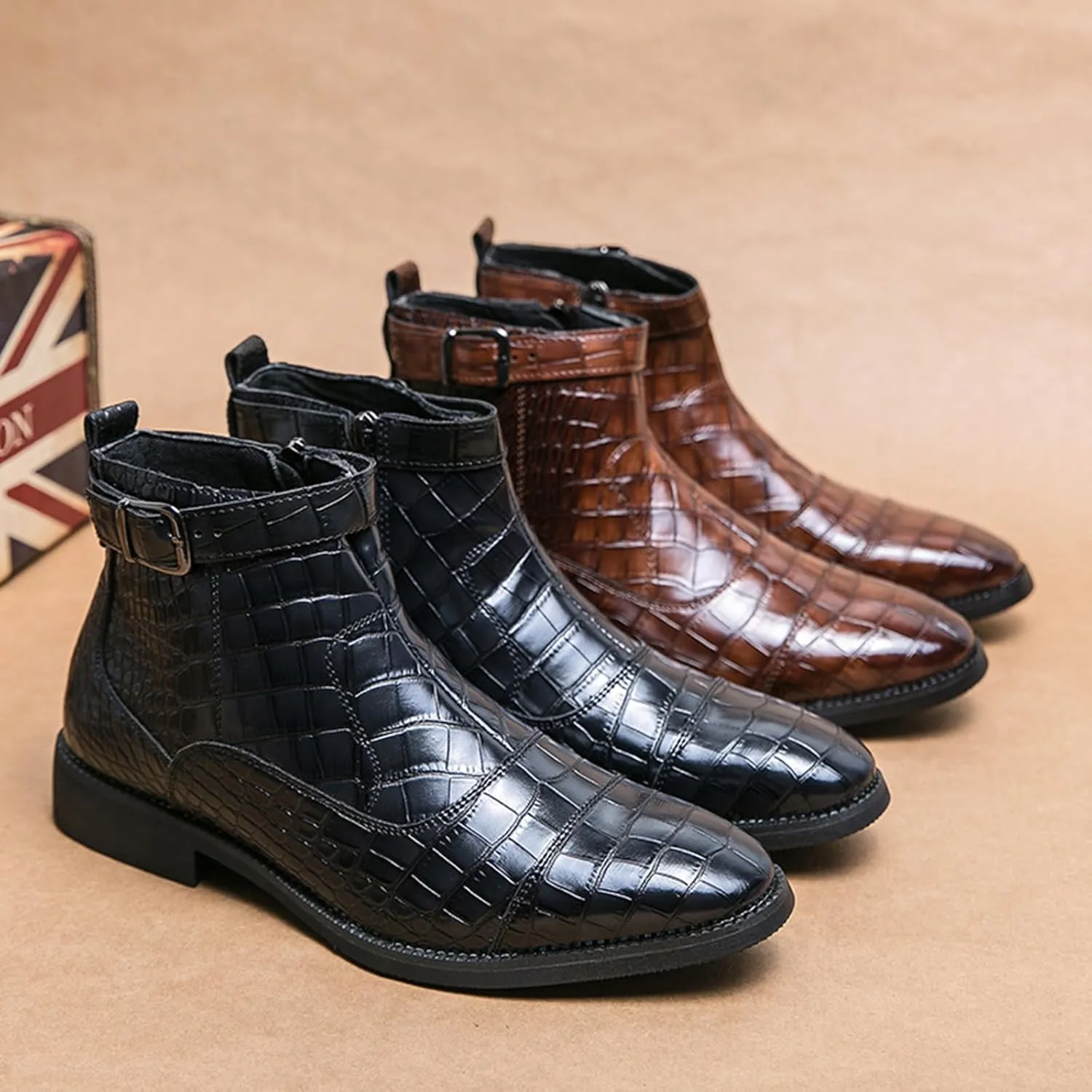 Men's Pattern Leather High Top Chelsea Boots with Buckle Strap Fashion British Style Pointed Toe Side Zipper Ankle Boots Casual Business Dress Oxford Booties
