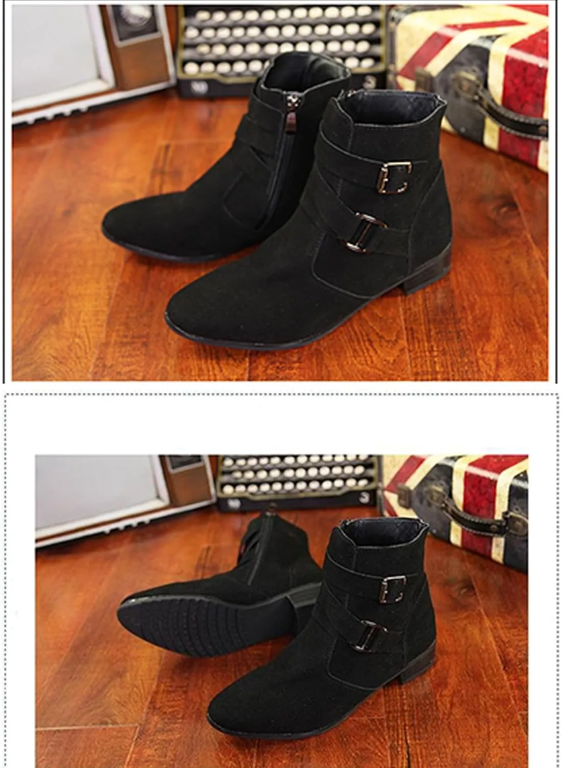 Men'S PU Block Heel Dress Chelsea Boots With Side Zipper Pointed Double Buckle Chunky Heel Non-Slip Business Chukka Motorcycle Comfortable Walking Ankle Boots