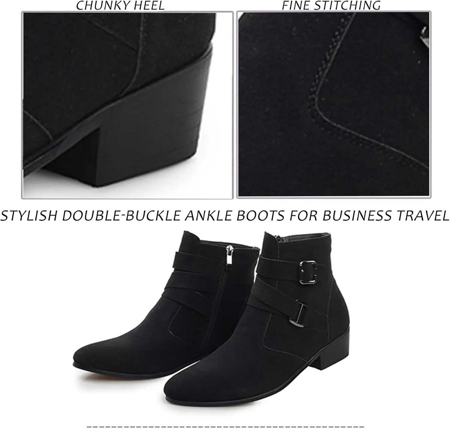 Men'S PU Block Heel Dress Chelsea Boots With Side Zipper Pointed Double Buckle Chunky Heel Non-Slip Business Chukka Motorcycle Comfortable Walking Ankle Boots