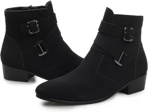 Men'S PU Block Heel Dress Chelsea Boots With Side Zipper Pointed Double Buckle Chunky Heel Non-Slip Business Chukka Motorcycle Comfortable Walking Ankle Boots