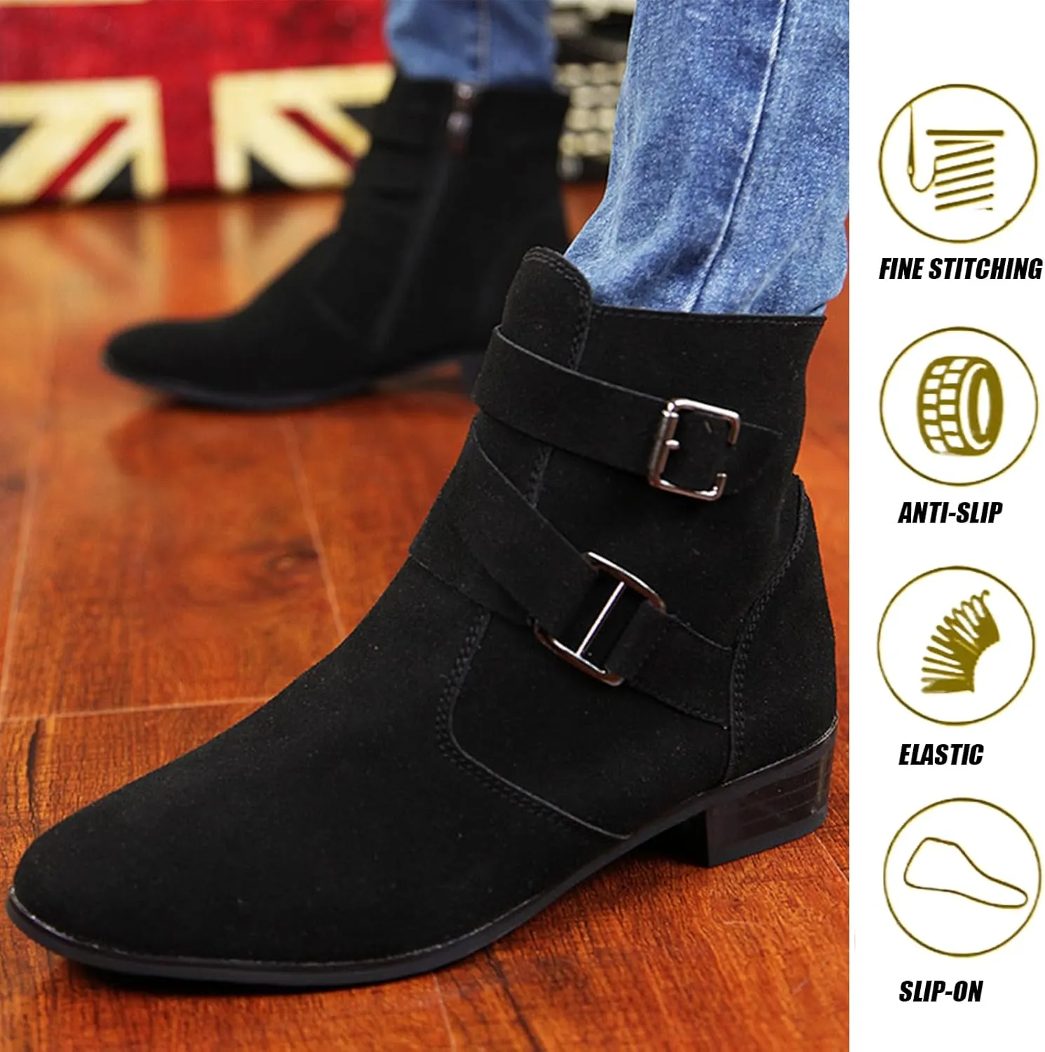Men'S PU Block Heel Dress Chelsea Boots With Side Zipper Pointed Double Buckle Chunky Heel Non-Slip Business Chukka Motorcycle Comfortable Walking Ankle Boots