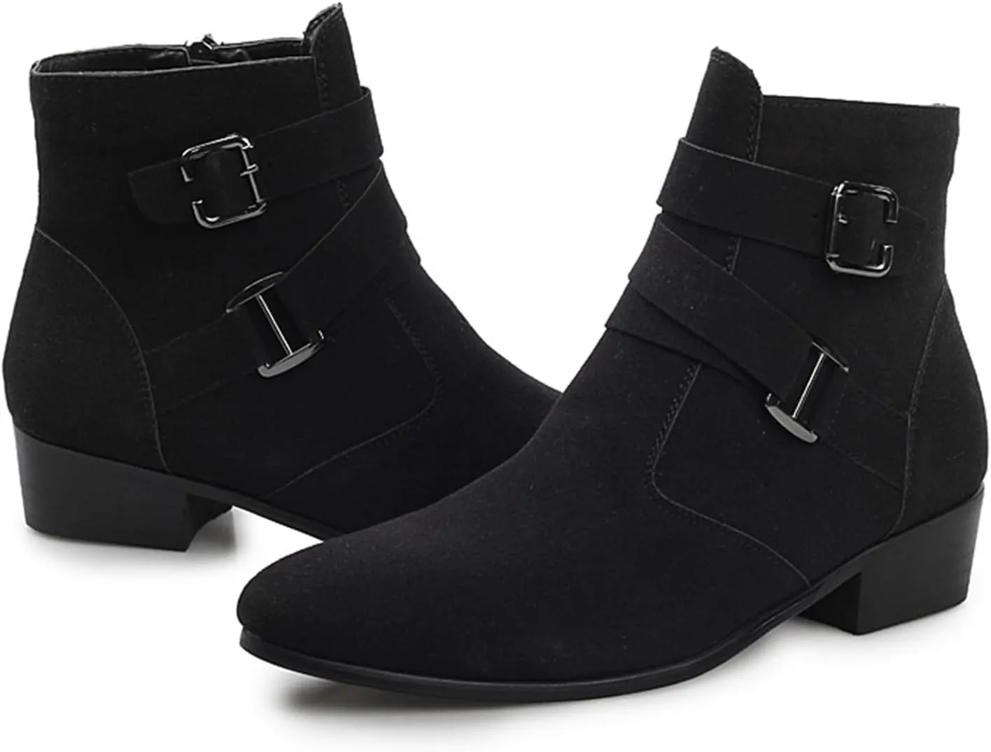 Men'S PU Block Heel Dress Chelsea Boots With Side Zipper Pointed Double Buckle Chunky Heel Non-Slip Business Chukka Motorcycle Comfortable Walking Ankle Boots