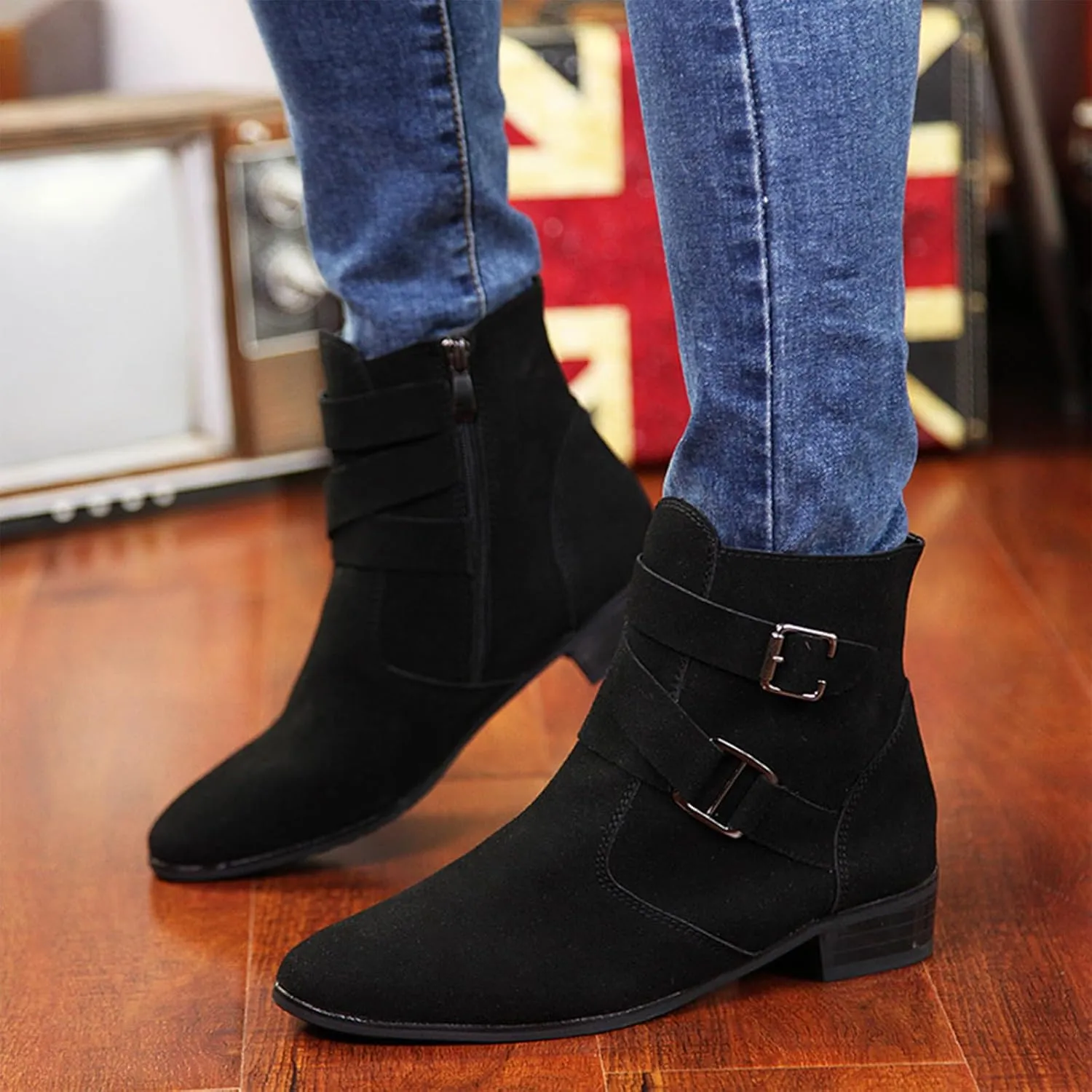 Men'S PU Block Heel Dress Chelsea Boots With Side Zipper Pointed Double Buckle Chunky Heel Non-Slip Business Chukka Motorcycle Comfortable Walking Ankle Boots