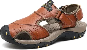 Men's Real Leather Closed Toe Sandals, Casual Handmade Hiking Sandals, Fashion Hollow Out Backpacking Beach Shoes