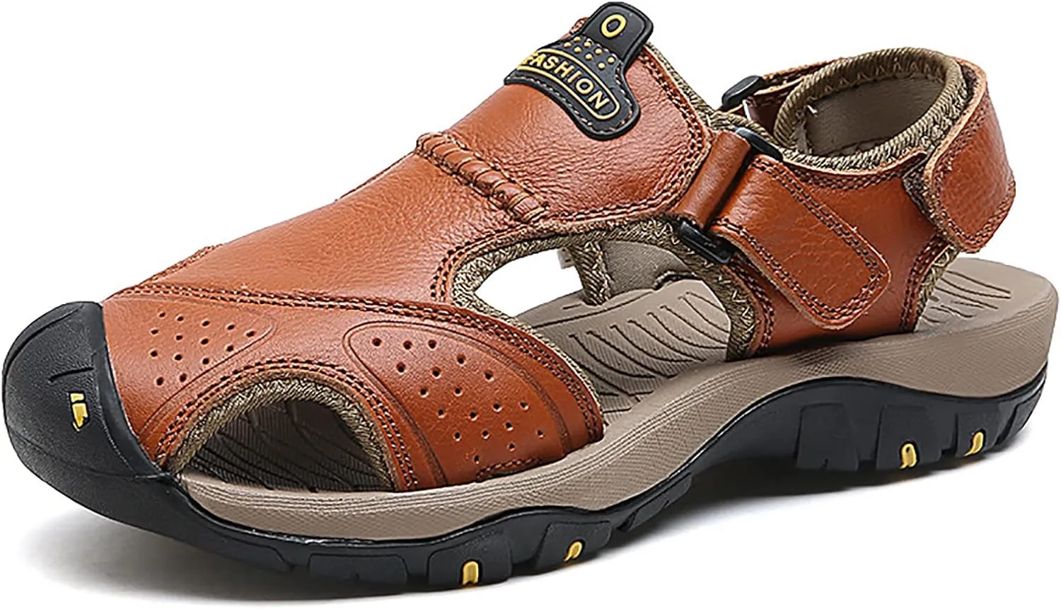 Men's Real Leather Closed Toe Sandals, Casual Handmade Hiking Sandals, Fashion Hollow Out Backpacking Beach Shoes