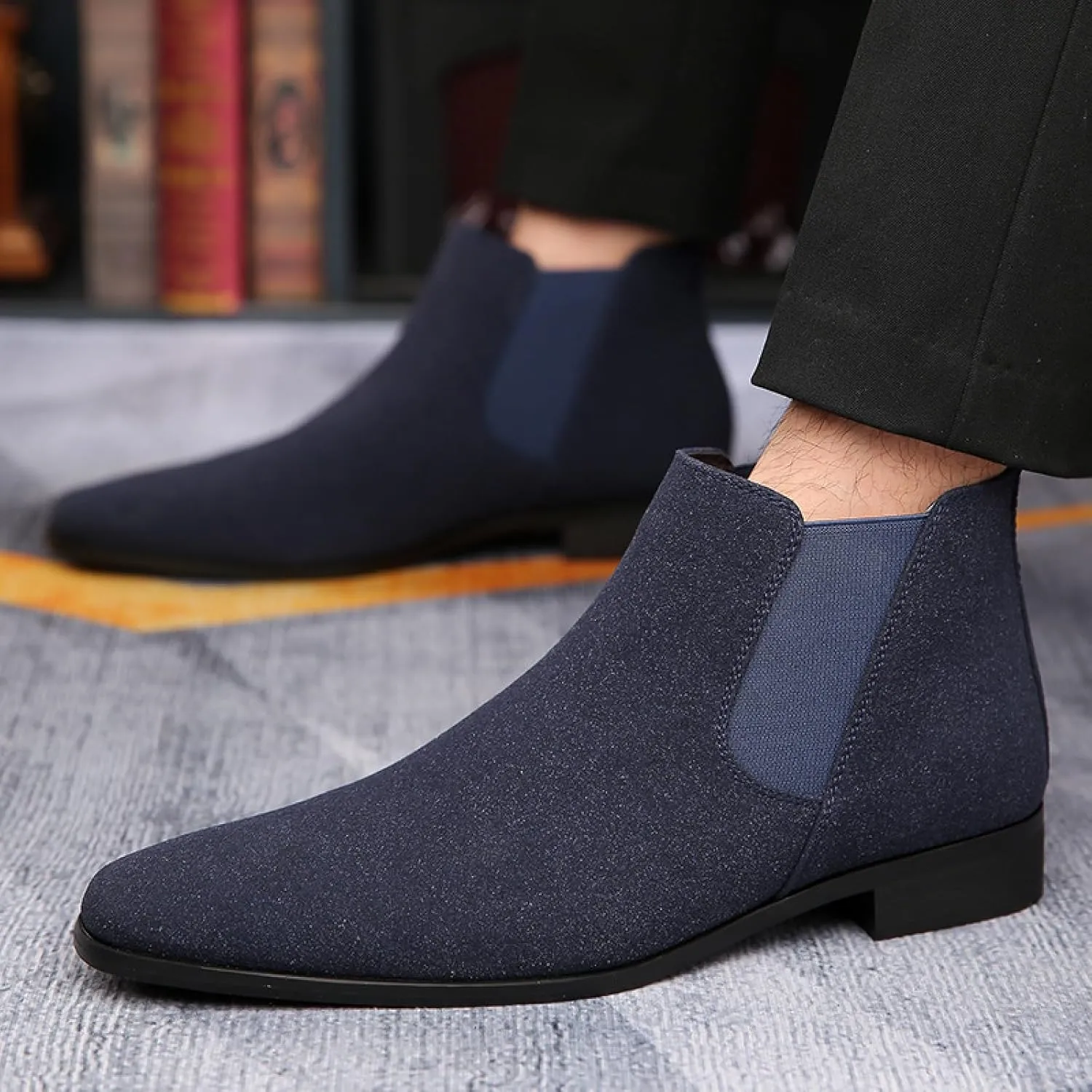 Men'S Suede Chunky Low Heel Chelsea Boots Classic Comfort Pointed Toe Slip On Anti-Slip Formal Business Low Heel Ankle Boots with Side Elastic Panels
