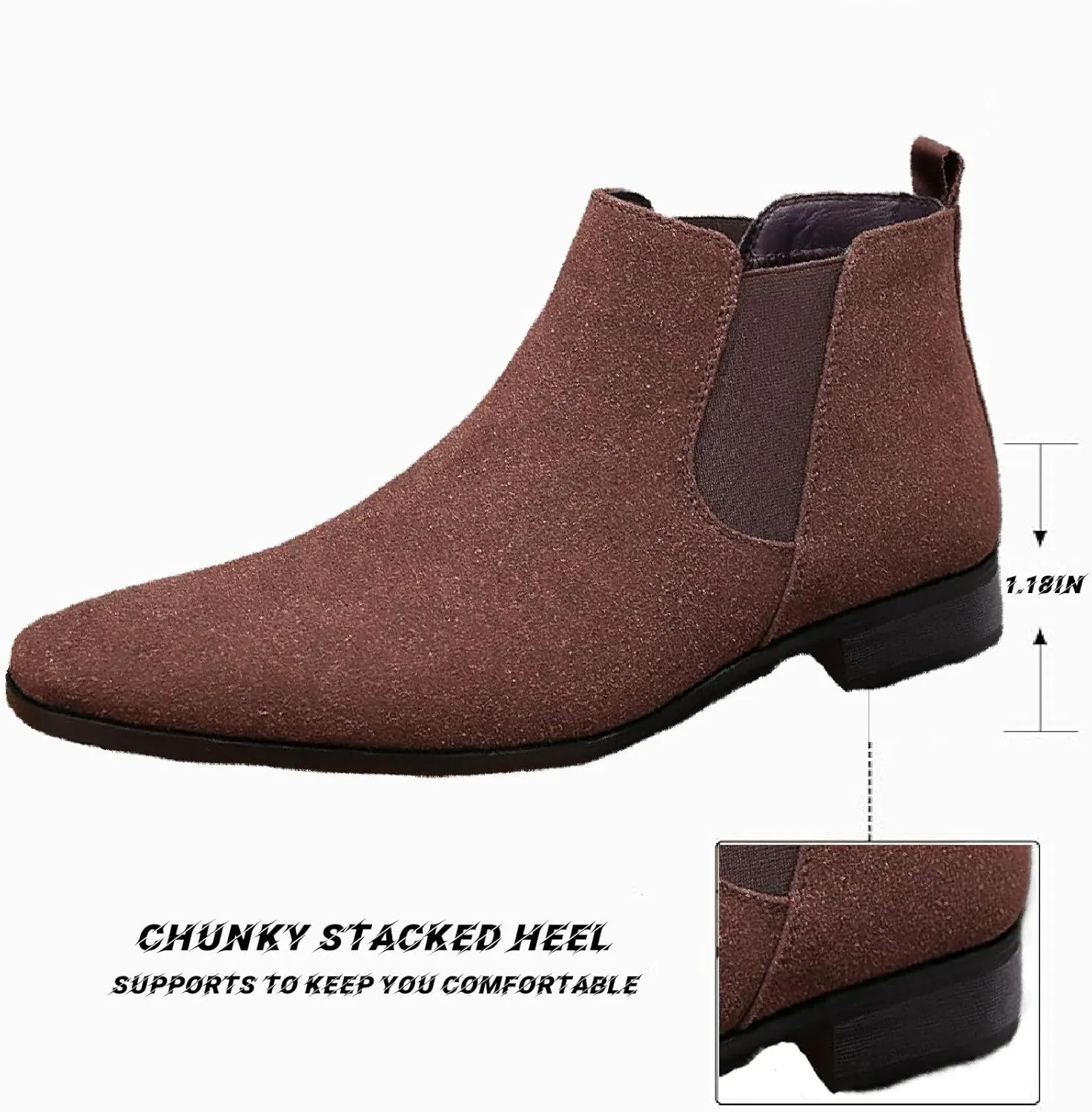Men'S Suede Chunky Low Heel Chelsea Boots Classic Comfort Pointed Toe Slip On Anti-Slip Formal Business Low Heel Ankle Boots with Side Elastic Panels