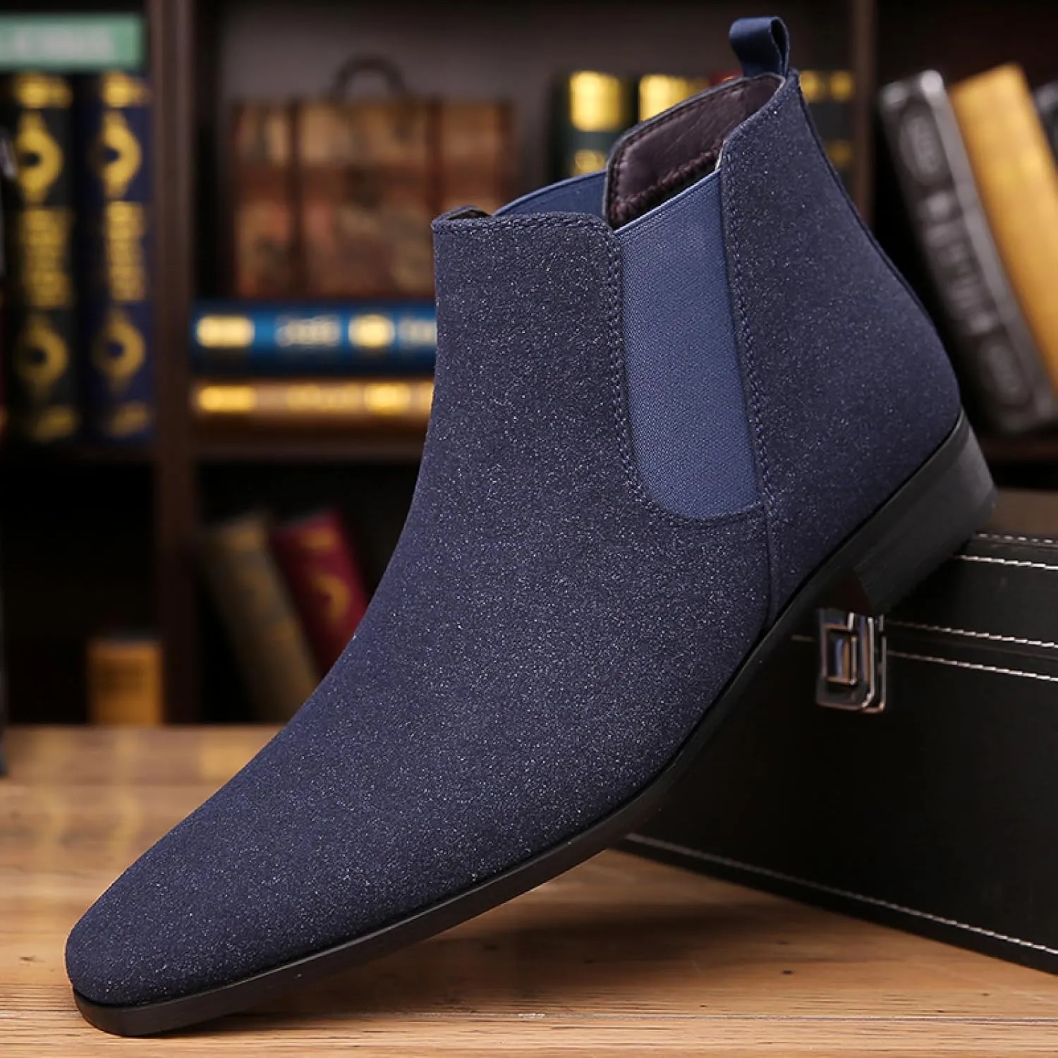 Men'S Suede Chunky Low Heel Chelsea Boots Classic Comfort Pointed Toe Slip On Anti-Slip Formal Business Low Heel Ankle Boots with Side Elastic Panels